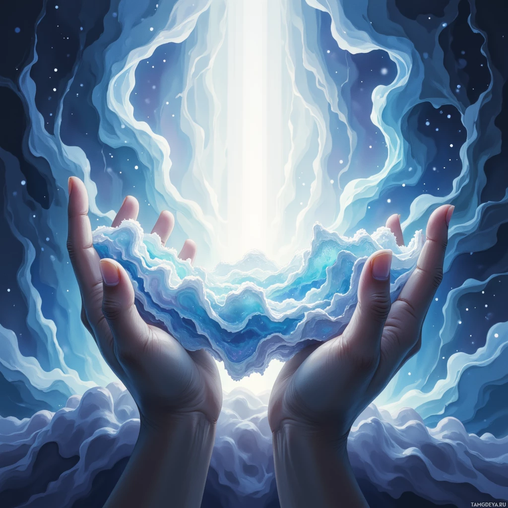 В ладонях словно зажглась светящаяся, неземная синева на фоне звездного неба.