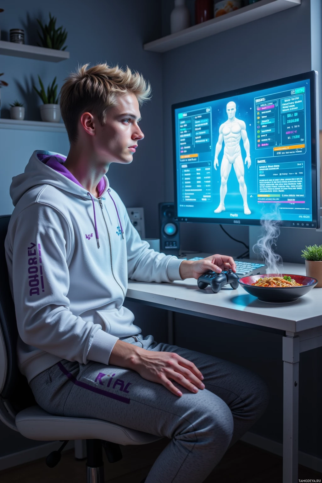 Realistic high quality photo. Male 27 with spiky blonde hair, blue eyes, pale skin, wearing a white zip‑up hoodie with violet accents and light grey joggers, seated at a sleek kitchen table with a steaming bowl of ramen, a reclaimed controller in one hand, a holographic spreadsheet of frame‑by‑frame inputs projecting from a compact desk computer, while a translucent AI opponent avatar floats above a monitor, under dim futuristic ambient lighting.