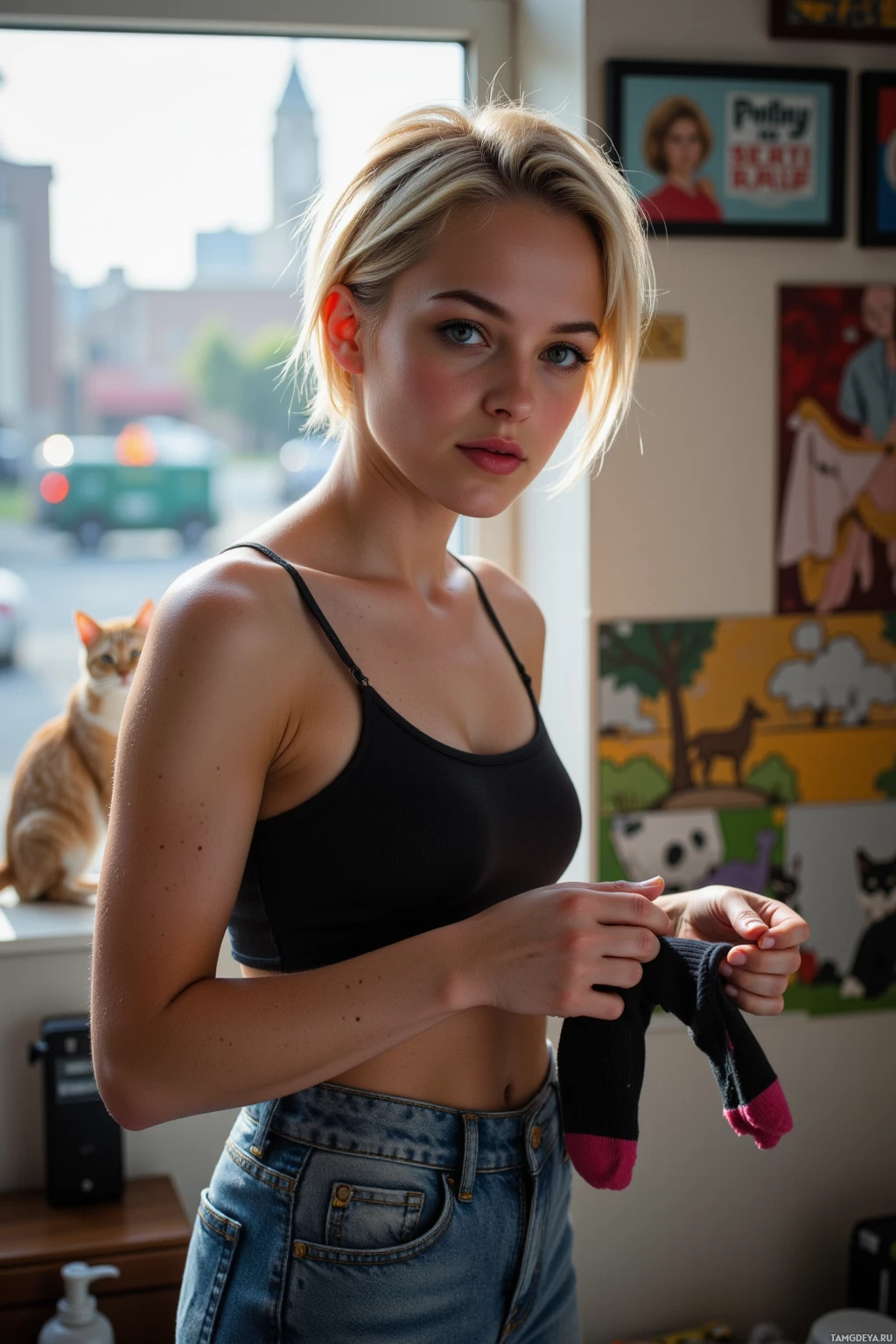 Человек в черной майке и джинсах держит носок в комнате с окном и кошкой.