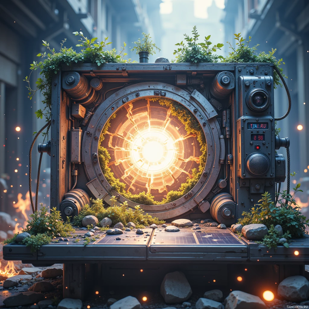 Футуристическое индустриальное сооружение с круглым отверстием, из которого льется свет, окруженное зеленью и камнями.