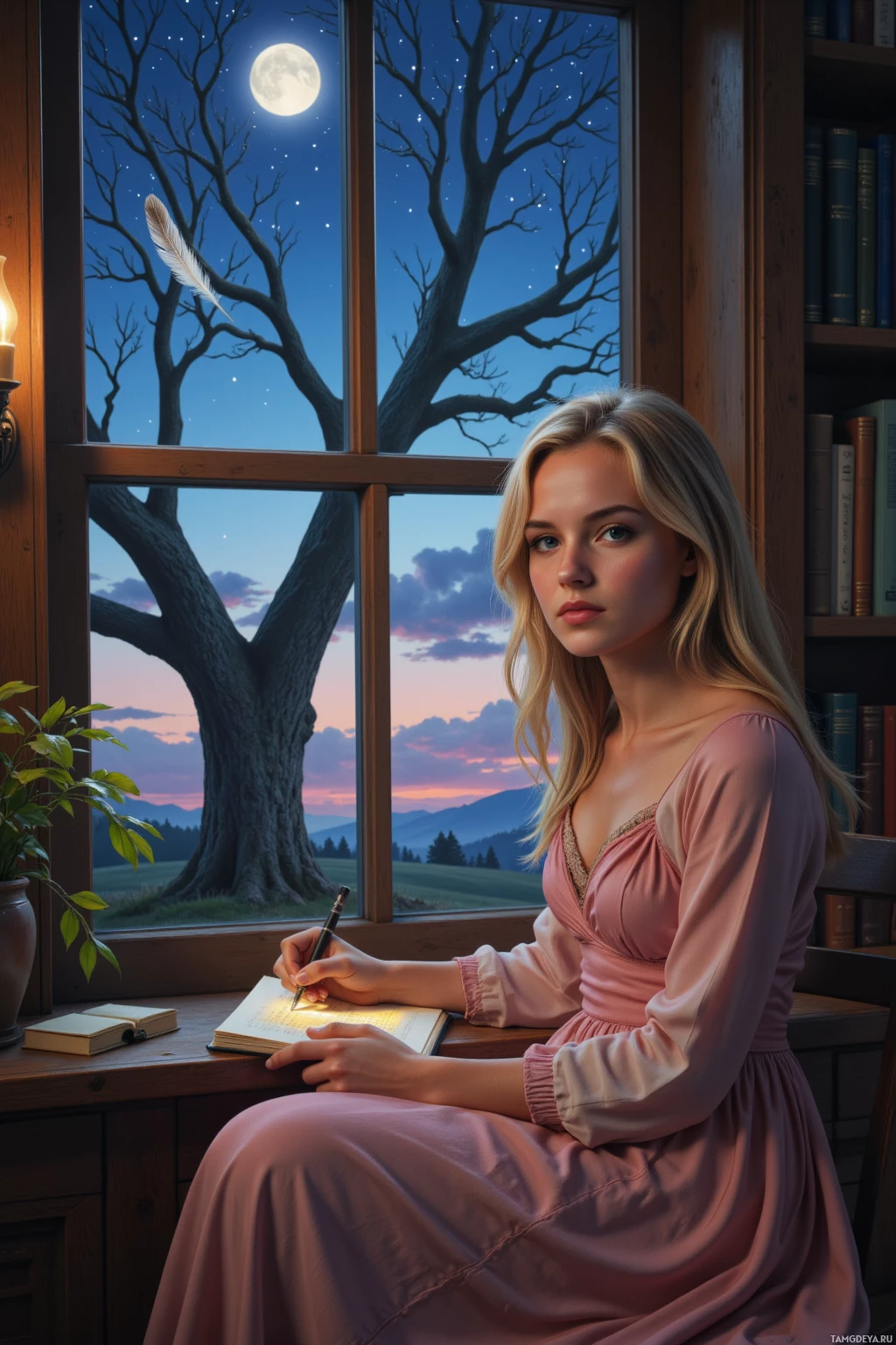 Женщина в розовом платье сидит у окна и пишет в книге, за окном виднеется ночное небо с полной луной и большое дерево.