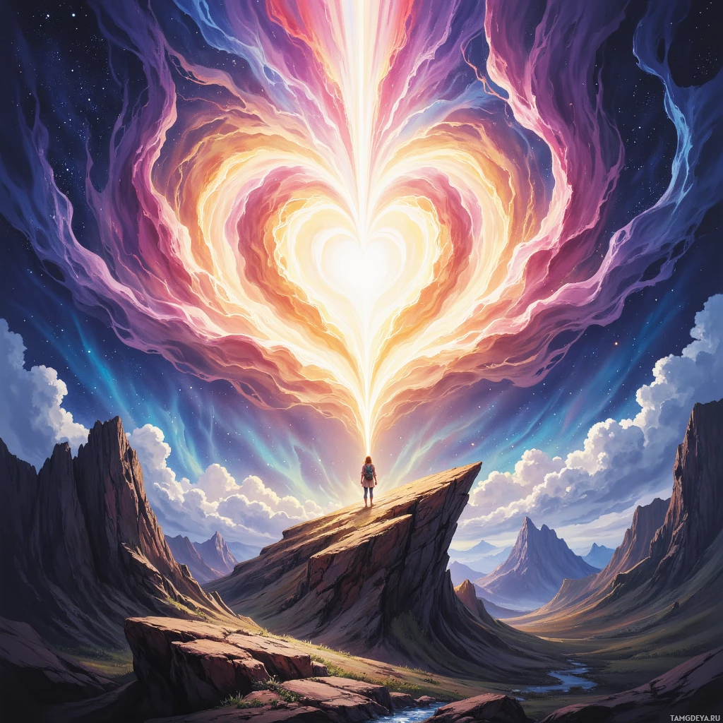 На скалистом выступе стоит человек, откуда открывается вид на бескрайнее, разноцветное небо в форме сердца со светящимся центром, окруженное горным ландшафтом и усыпанным звездами ночным небом.