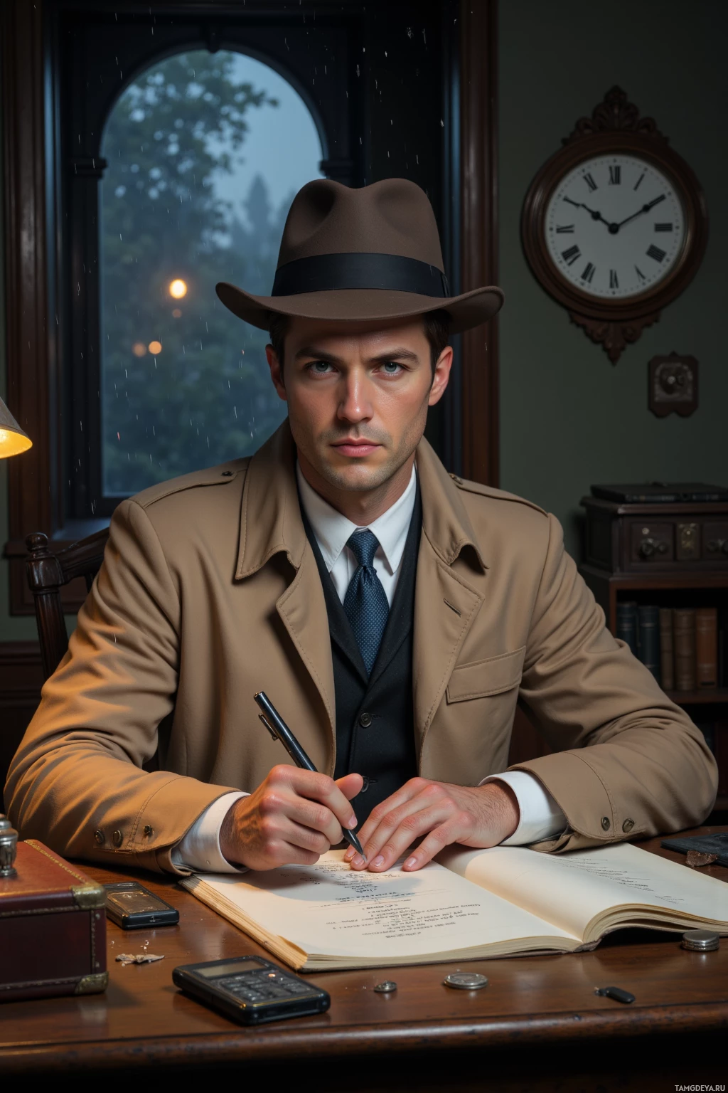 Realistic high quality photo. A 38‑year‑old man with short brown hair, piercing blue eyes, wearing a beige trench coat and classic fedora, sits at a cluttered desk in a dimly lit office as rain taps the window, an old leather‑bound case closed beside him, a wall clock ticks softly, and he methodically charts a new pattern in a ledger, embodying a calm, meticulous mystery investigation.