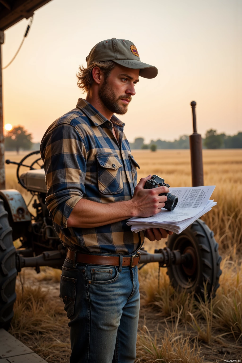 Realistic high quality photo. 35-year-old rugged man with blonde hair, blue eyes, stubbly beard, wearing a flannel shirt, faded farm logo cap, practical work clothes, stands on a porch beside an old rusted tractor in a wheat field at sunrise, holding a film camera while searching through a stack of paperwork in the wind.