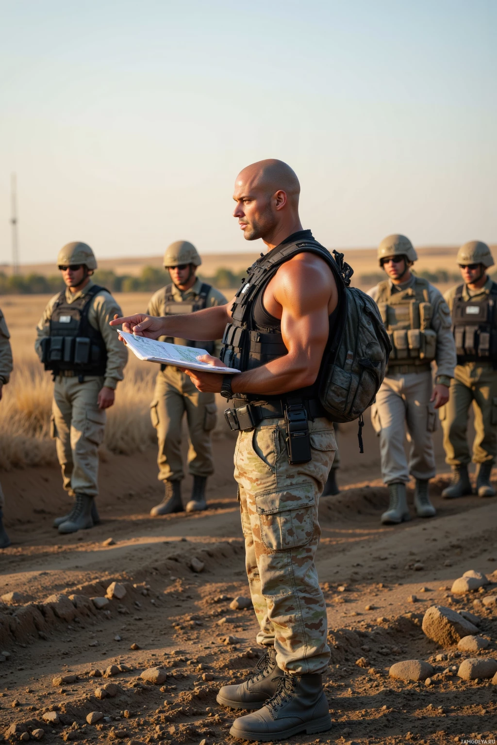 Realistic high quality photo. Male trainer, 36, shaved head, blue eyes, angular jaw, fair skin, muscular, in black tactical vest, cargo pants, sturdy boots, standing in an open training field at afternoon, observing a full‑issue march of soldiers in camouflage, holding a clipboard and pointing at a map, stern and focused, modern realism.