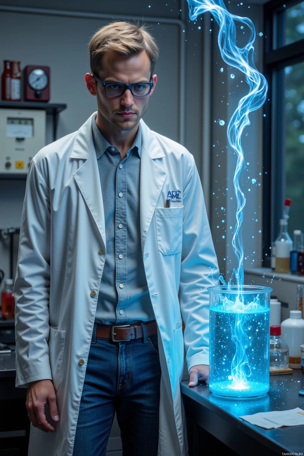 Realistic high quality photo. Tall 28‑year‑old man with short blonde hair and blue glasses, wearing a white lab coat over a light gray shirt and dark jeans, calmly observing a glowing blue chemical reaction with streams of blue light flowing in a glass beaker on a cluttered laboratory workbench, temperature and pH meters in the background, soft evening light from a window illuminating his focused expression.