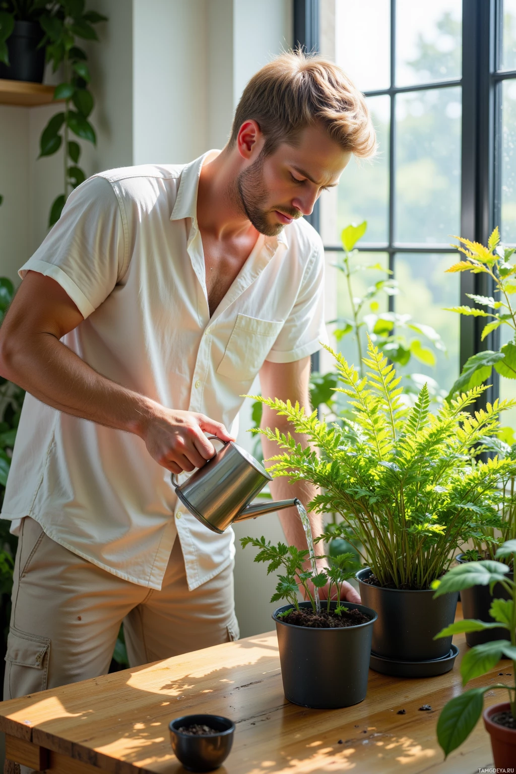 Realistic high quality photo. A 32‑year‑old man with short blonde hair, bright blue eyes, wearing a loose white short‑sleeve shirt and light beige shorts, methodically watering a potted fern with a small watering can on a wooden table in a modern indoor plant room, sunlight filtering through a window, his expression calm yet slightly frustrated, surrounded by other potted plants.