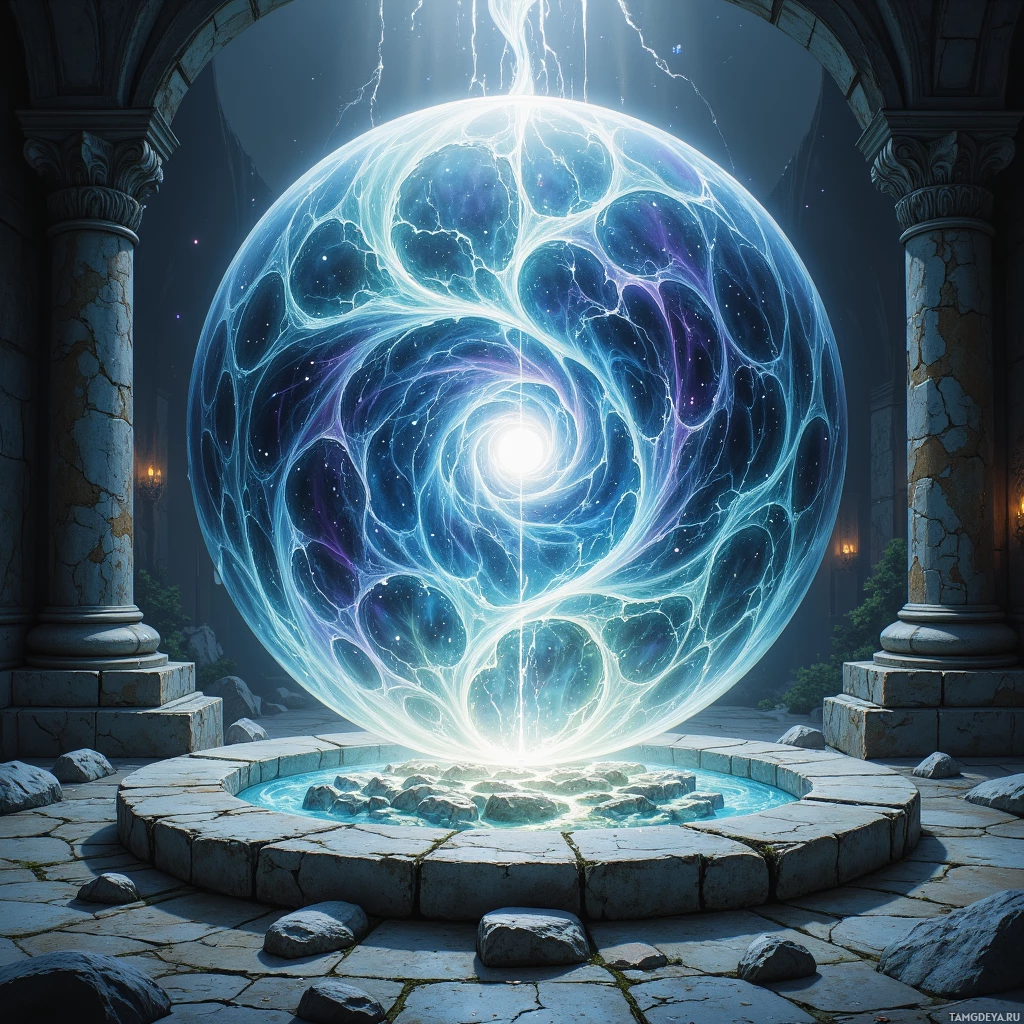 Сияющий, замысловатый шар излучает свет во внутреннем каменном дворике, окружённом классическими колоннами.