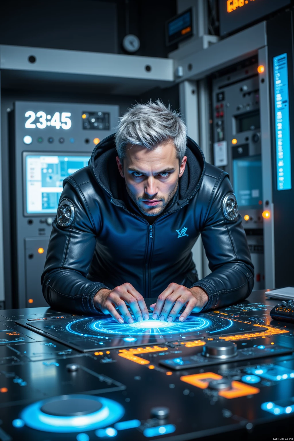 В футуристической диспетчерской человек управляет высокотехнологичной консолью, подсвеченной синими и оранжевыми огнями.