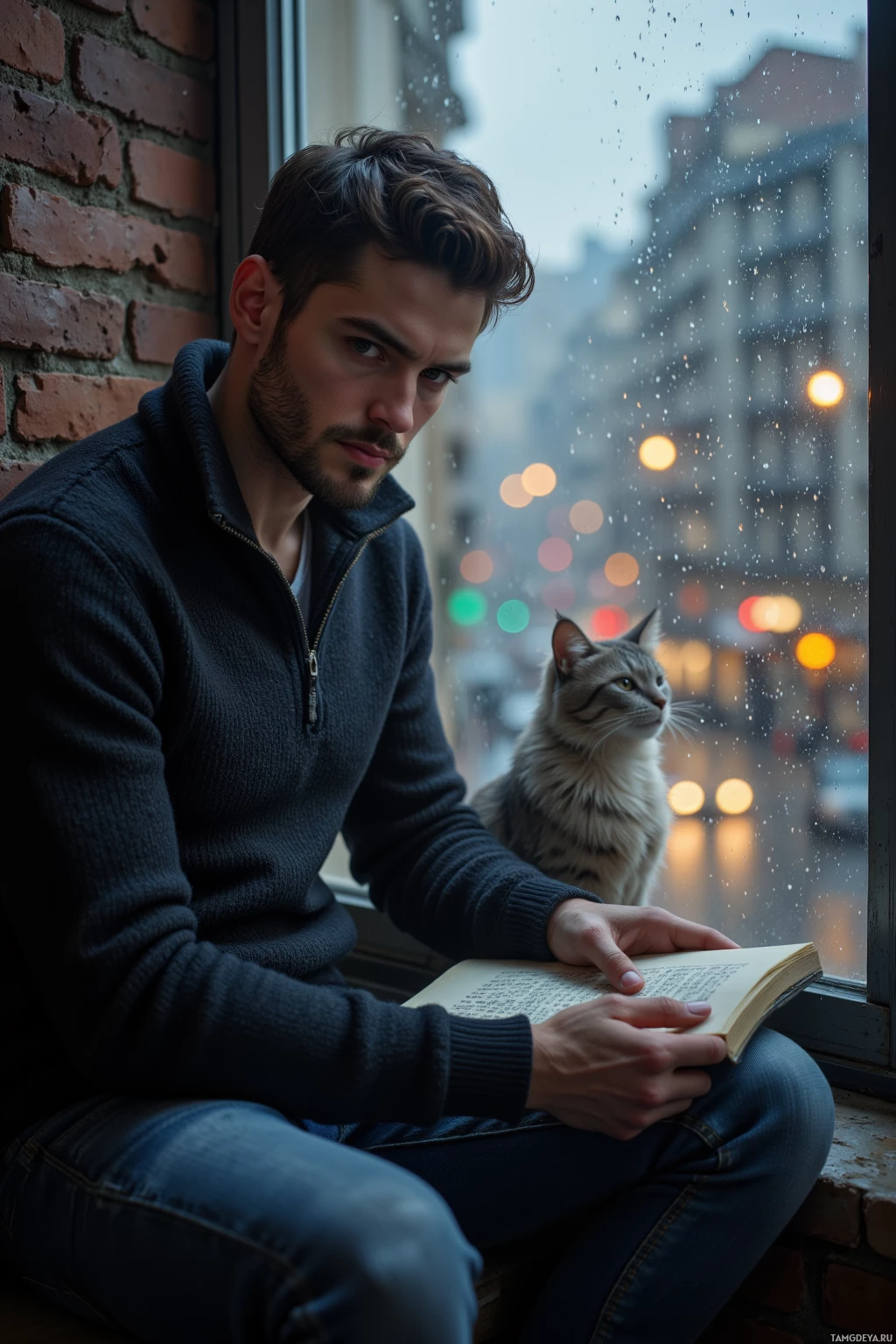 Realistic high quality photo. Dark‑haired 27‑year‑old man in a sweater and jeans sits by a rain‑soaked window, eyes lost in a half‑finished essay on determinism, a stray cat perched on the sill, evening city hum faint in the background, his posture thoughtful and slightly aloof.