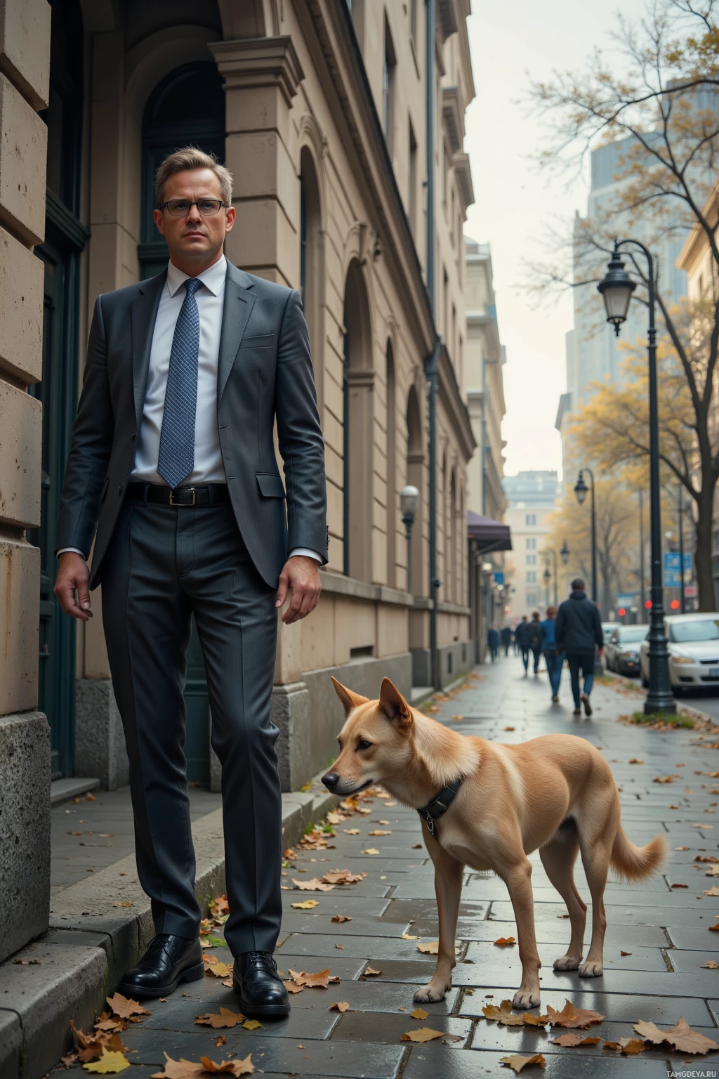 Realistic high quality photo. Male, 40, short blonde hair graying at temples, blue eyes, strong jawline, wearing a tailored suit and glasses, standing at the foot of an old city library in a quiet afternoon, observing a stray dog with a tattered collar while commuters walk silently along the street.
