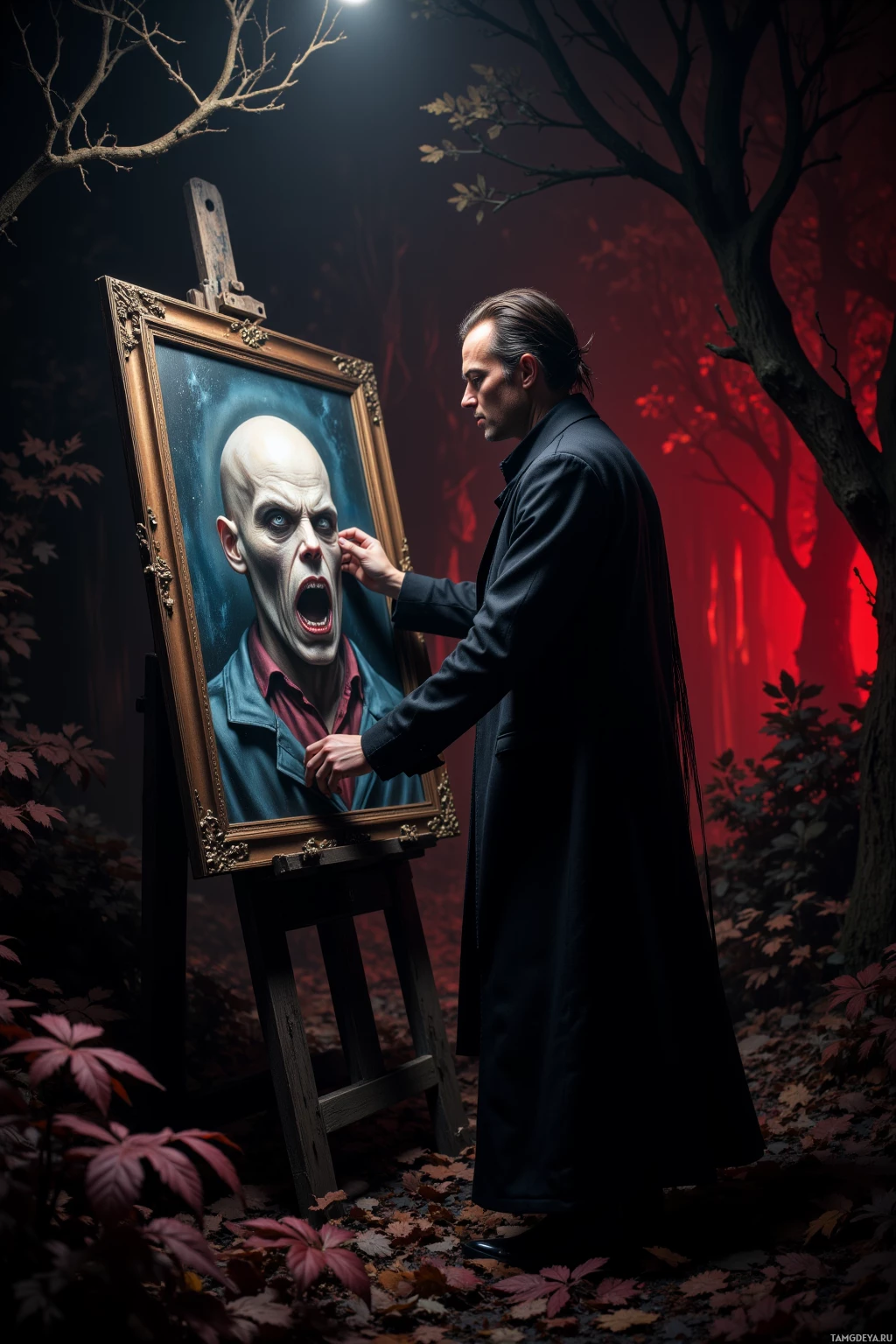 Realistic high quality photo. A dark midnight garden of wilted leaves and whispering shadows, a 40‑year‑old man with dark unkempt hair, pale skin, haunting eyes in a black suit, dimly lit by red light, polishing a ghoul portrait that appears to scream, surrounded by an eerie silence.