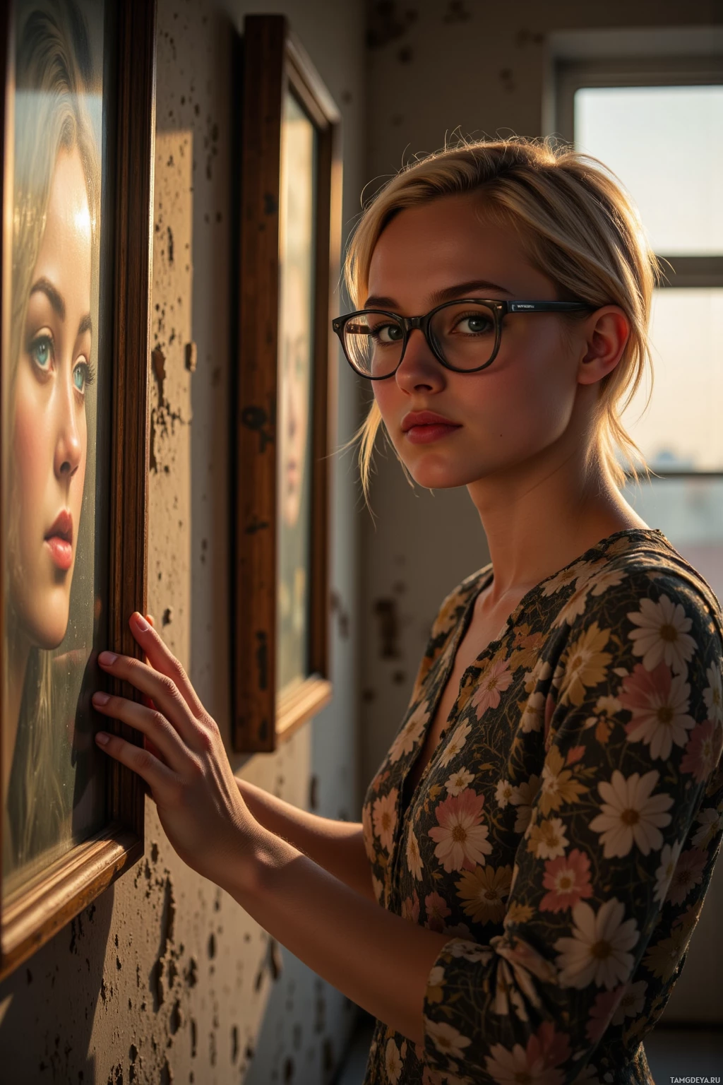 Женщина в цветочном платье стоит рядом с оформленной в раму фотографией и нежно касается рамы.