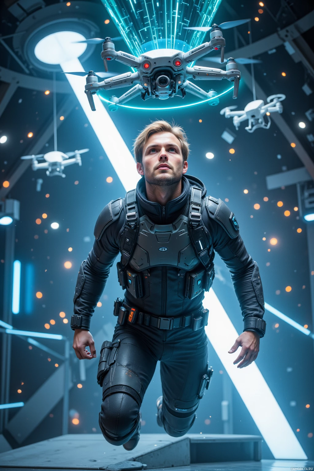 Realistic high quality photo. Short light brown-haired, blue-eyed man in sleek tactical gear with neon accents floats in a zero‑gravity drone arena, intently dissecting a drone's micromovement amid hovering drones and holographic data, posture rigid and focused.