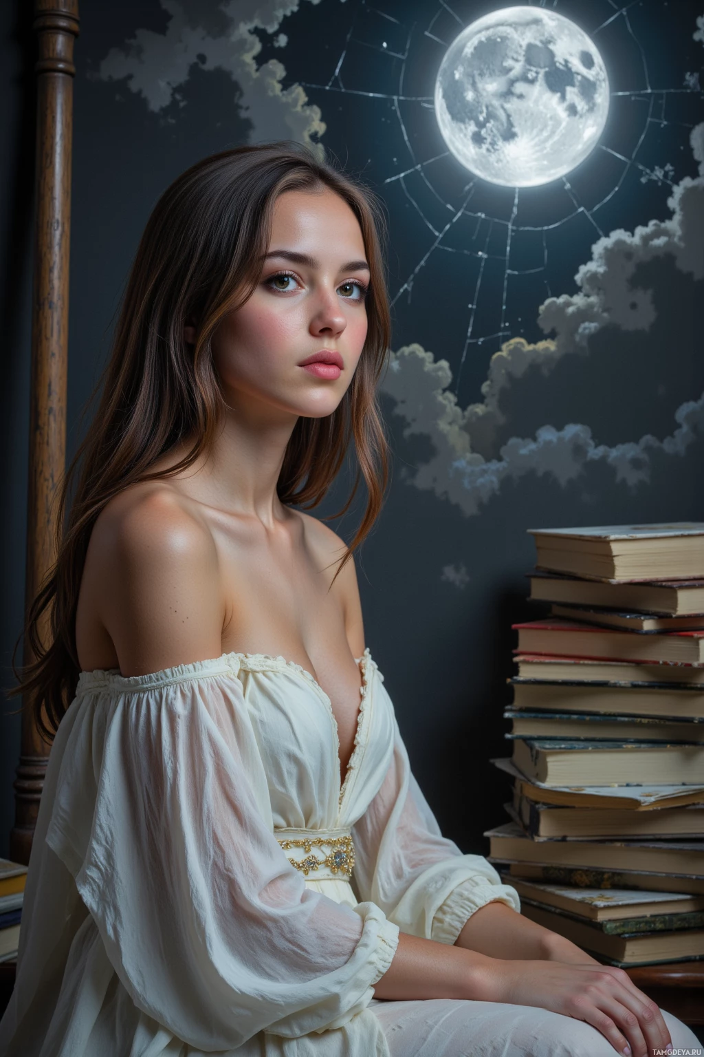 Realistic high quality photo. A woman, 31, with flowing dark hair and deep brown eyes, warm skin, wearing an ethereal white gown that shimmers like mist, sits in a moonlit studio staring at a cracked mirror reflecting a silver moon, surrounded by towering stacks of ink‑filled notebooks and the quiet glow of midnight.
