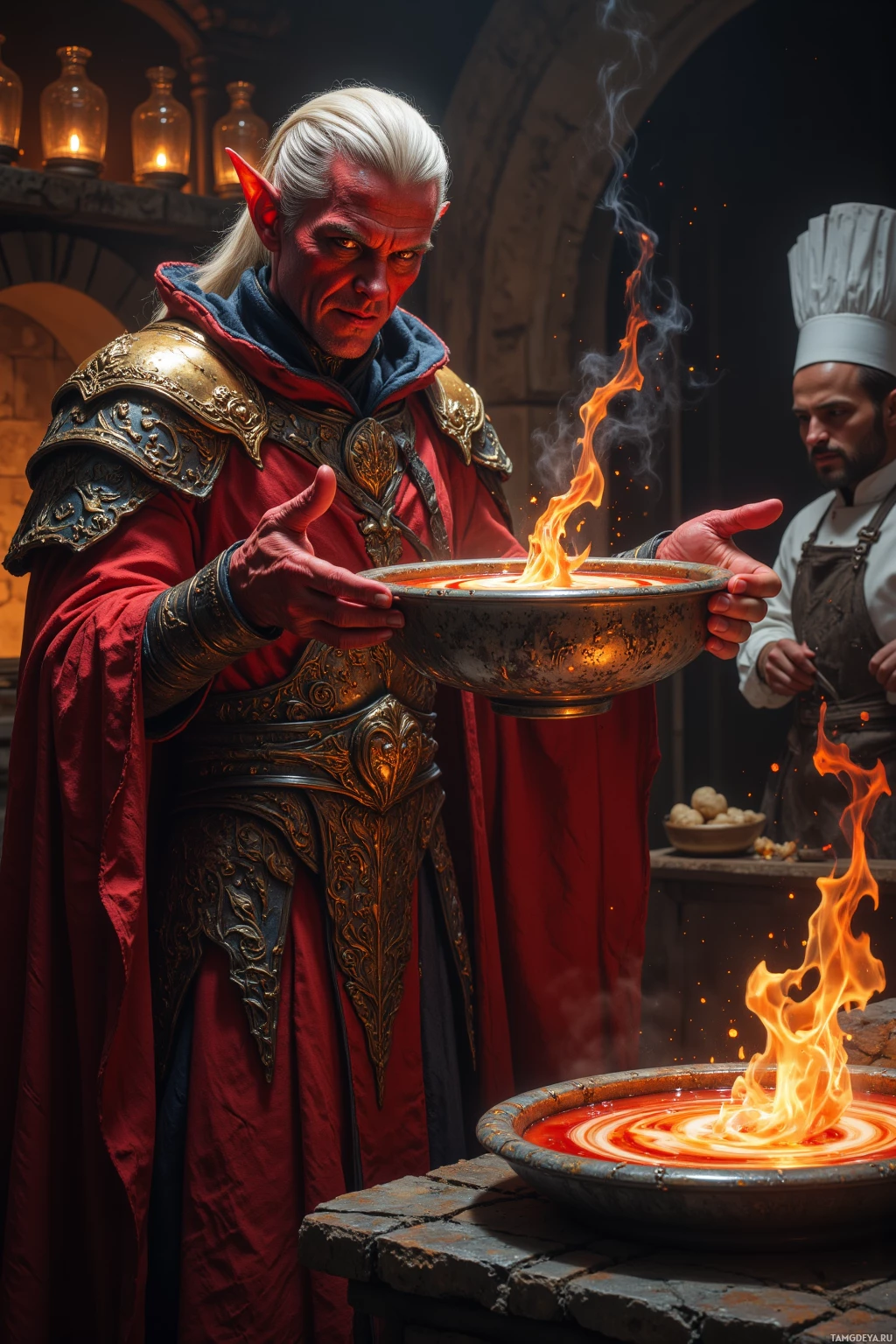 Realistic high quality photo. Male 800‑year‑old crimson‑skinned demon prince with sleek white hair swept back, intense red eyes, chiseled face, constant calculating smile, wearing gold‑trimmed ornate armor and long flowing crimson robes, theatrically holding a bowl of swirling paradoxical soup while a mortal chef smiles beneath a flickering stone hearth in a dim kitchen at midnight.