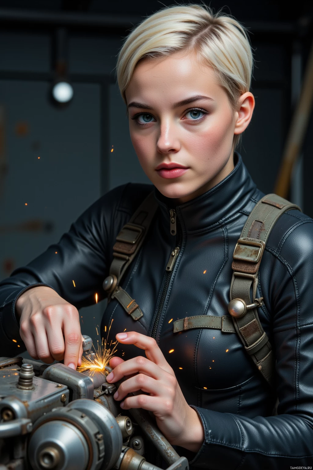 Человек в черной кожаной экипировке работает на машине, от которой искрят электрические разряды.