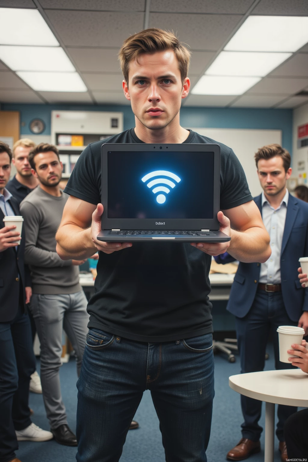 Realistic high quality photo. Man, 26, light brown hair, bright blue eyes, wearing a black t‑shirt and faded jeans, standing on a makeshift stage in a fluorescent‑lit office with a laptop showing a frozen Wi‑Fi icon, performing a comedic show to a small crowd of coworkers holding coffee cups, a boss in a gray suit staring confused, printers humming in the background, midday.