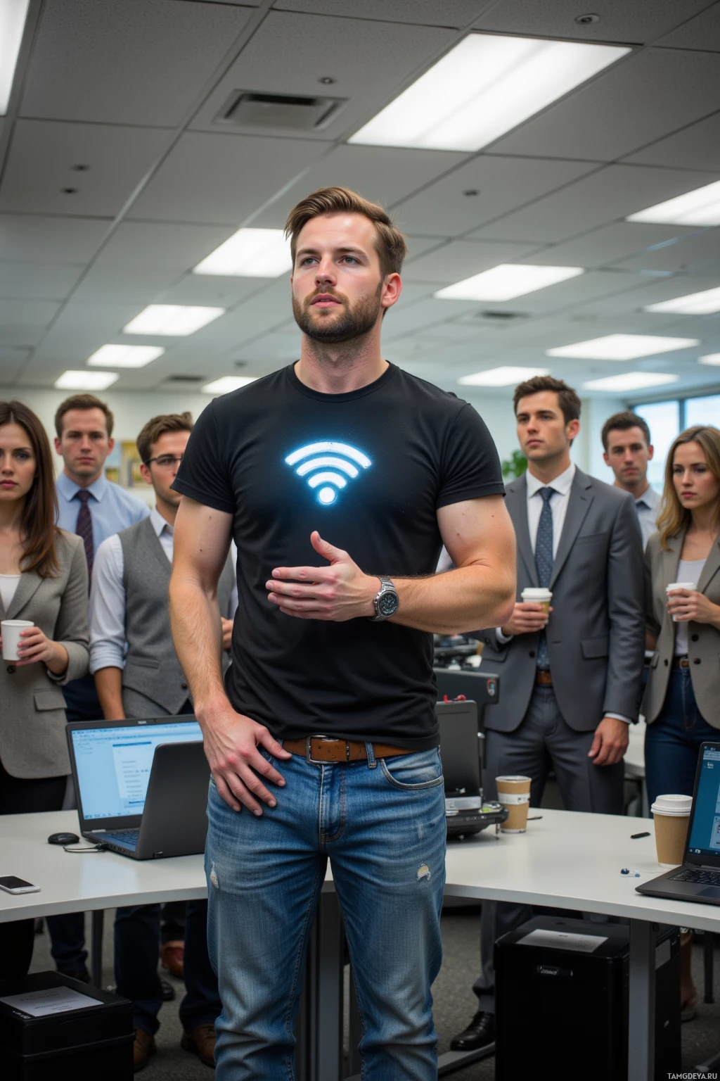 Realistic high quality photo. Man, 26, light brown hair, bright blue eyes, wearing a black t‑shirt and faded jeans, standing on a makeshift stage in a fluorescent‑lit office with a laptop showing a frozen Wi‑Fi icon, performing a comedic show to a small crowd of coworkers holding coffee cups, a boss in a gray suit staring confused, printers humming in the background, midday.