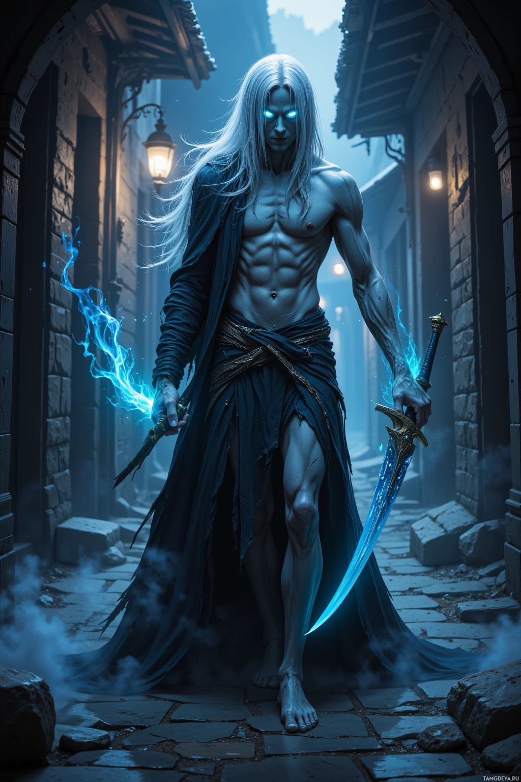 Realistic high quality photo. Male wraith-like figure with long silver hair, pale blue glowing eyes, gaunt frame, tattered dark robes swirling like smoke, holding a glowing neon-edge blade, silently moving through a dimly lit alley at night, surrounded by enveloping shadows, exuding mystery and malice.