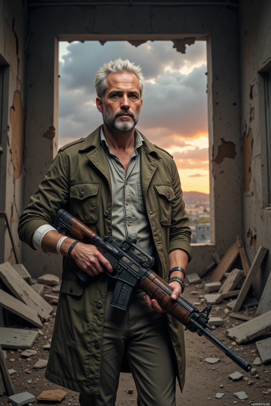Realistic high quality photo. A 48‑year‑old man with white hair, green eyes, in a dusty olive coat with reinforced shoulders, grey shirt, utility pants, and a bandaged arm, standing in a ruined room with fifteen broken windows at dawn, handing a rifle, then walking away toward a rusted horizon.