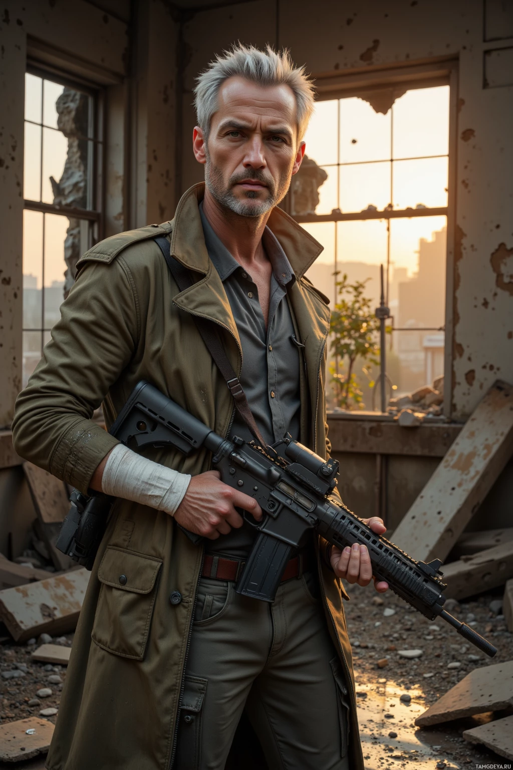 Realistic high quality photo. A 48‑year‑old man with white hair, green eyes, in a dusty olive coat with reinforced shoulders, grey shirt, utility pants, and a bandaged arm, standing in a ruined room with fifteen broken windows at dawn, handing a rifle, then walking away toward a rusted horizon.