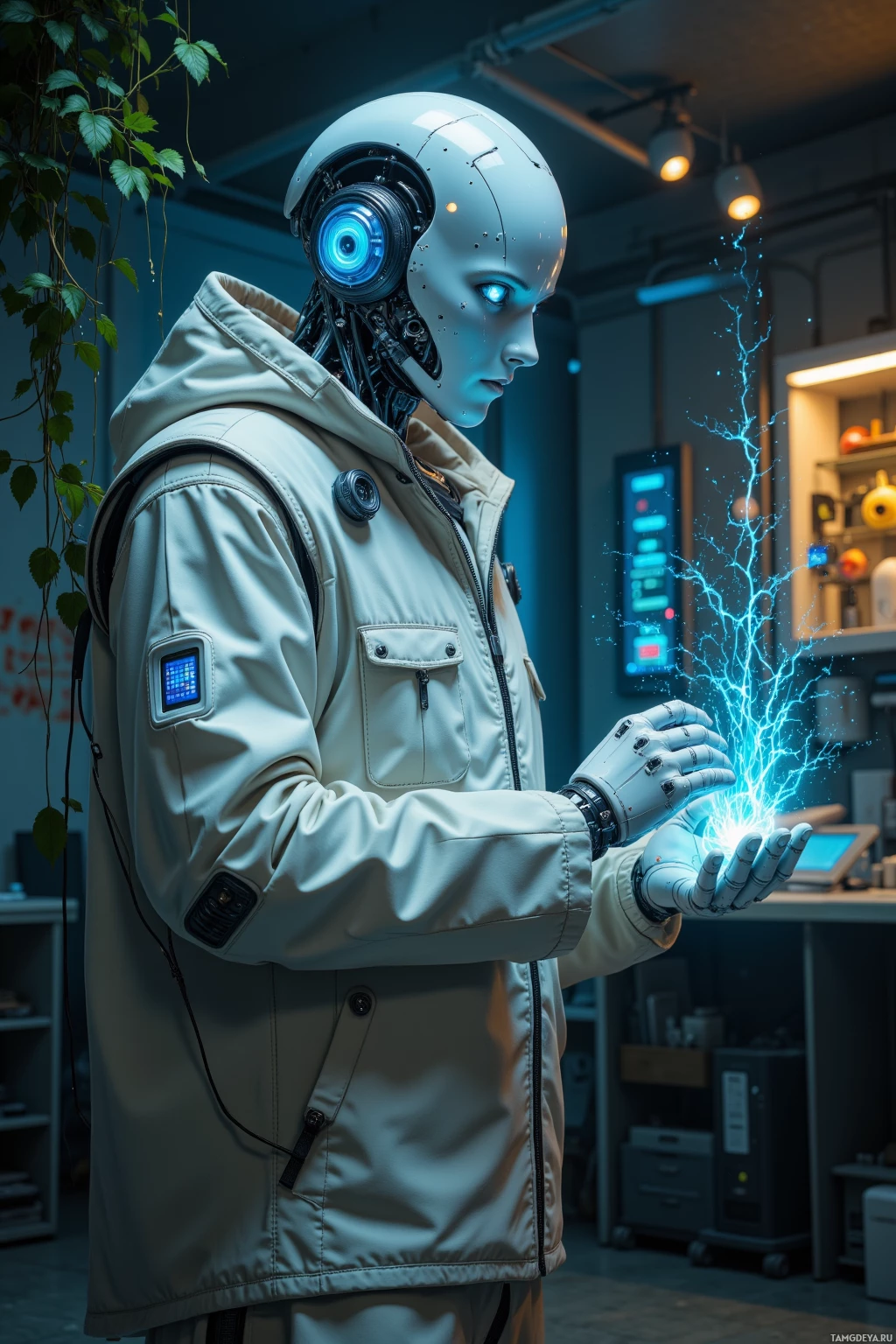 Realistic high quality photo. Male robot with pale silver body, bright blue eyes, wearing a white utility jacket, stands in a dimly lit workshop turned holographic jungle at night, holding an integrated solar cell on its data logger, eyes focused on a blinking Morse interface while holographic vines weave around glitching sensor arrays and a flickering charging station in the background.
