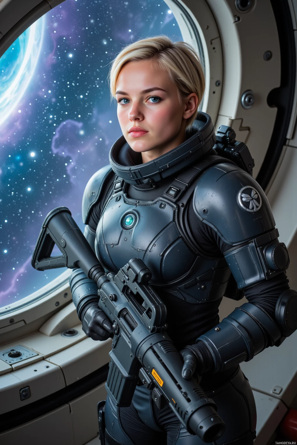 Realistic high quality photo. Female, 29, short blonde hair, piercing blue eyes, angular face, confident expression, wearing a sleek futuristic space suit with tactical gear, standing on a starship observation deck, looking out at a starfield through a large viewport, holding a plasma rifle, determined posture, metallic bulkheads in the background.