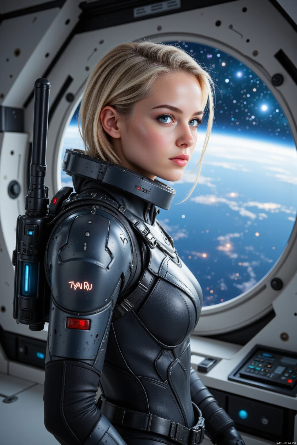 Realistic high quality photo. Female, 29, short blonde hair, piercing blue eyes, angular face, confident expression, wearing a sleek futuristic space suit with tactical gear, standing on a starship observation deck, looking out at a starfield through a large viewport, holding a plasma rifle, determined posture, metallic bulkheads in the background.