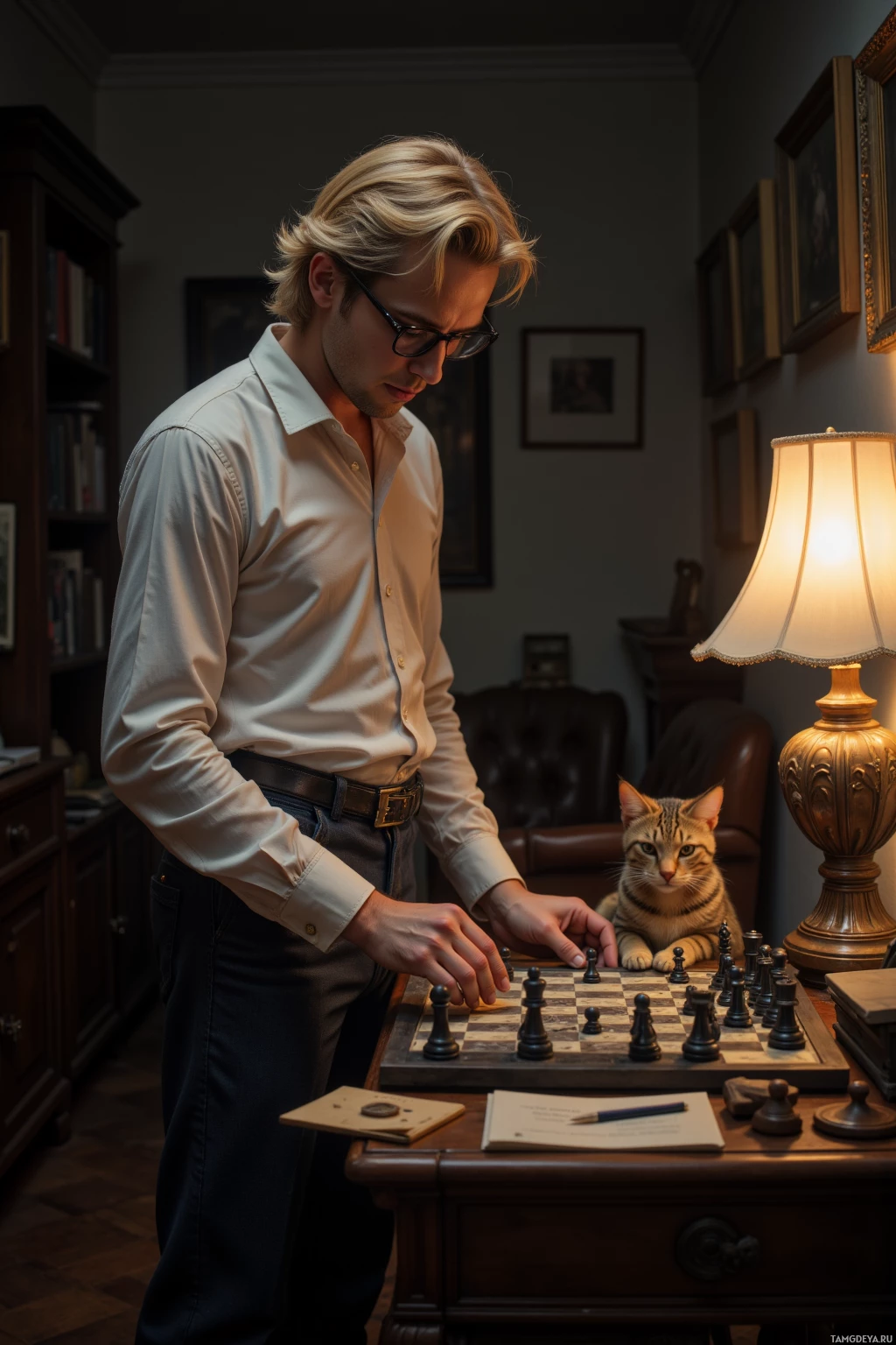 Realistic high quality photo. A 31‑year‑old pale‑skinned man with blonde hair, blue eyes, wearing a tailored shirt, trousers, and glasses, standing in a small, dimly lit apartment, tracing faint scratches on an old wooden chessboard while a cat with a gentle grin watches, with soft lamplight casting subtle shadows on the walls.