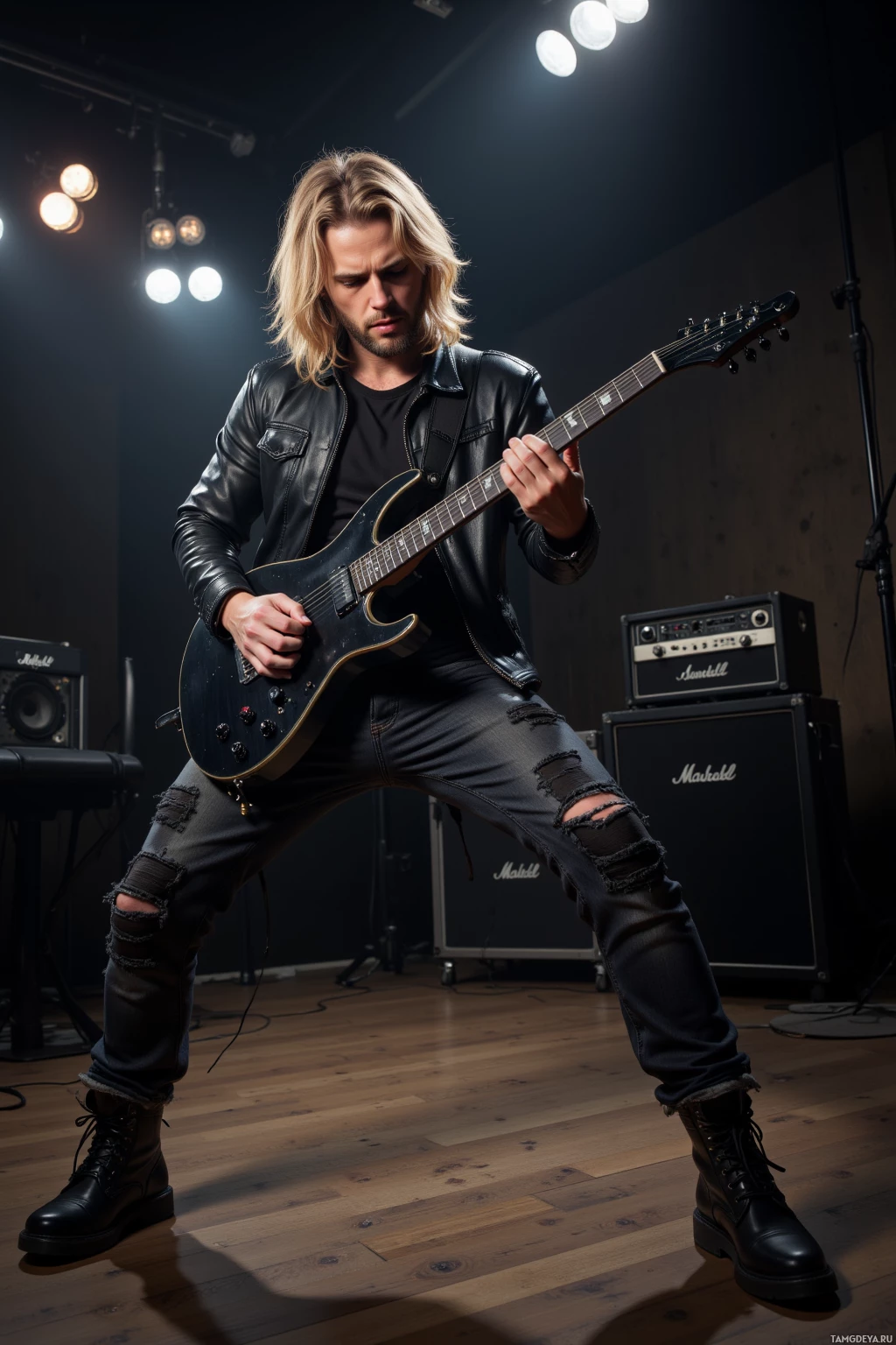 A musician in a leather jacket and ripped jeans plays an electric guitar on stage.