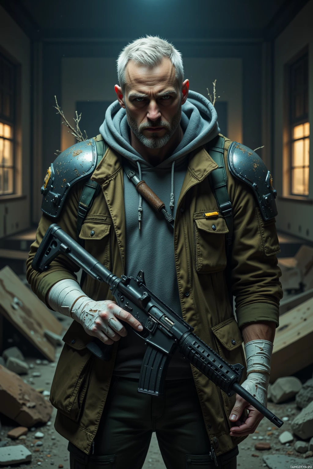Realistic high quality photo. Nighttime, a 48‑year‑old white‑haired man with green eyes wearing a dusty olive coat with reinforced shoulders, a grey shirt, utility pants and a hoodie, bandaged left arm, heavy gun in his jacket pocket, checking each of the seven windows of an abandoned school for hidden hazards while holding a twig and tucking a small trinket under his hoodie, surrounded by post‑apocalyptic rubble.