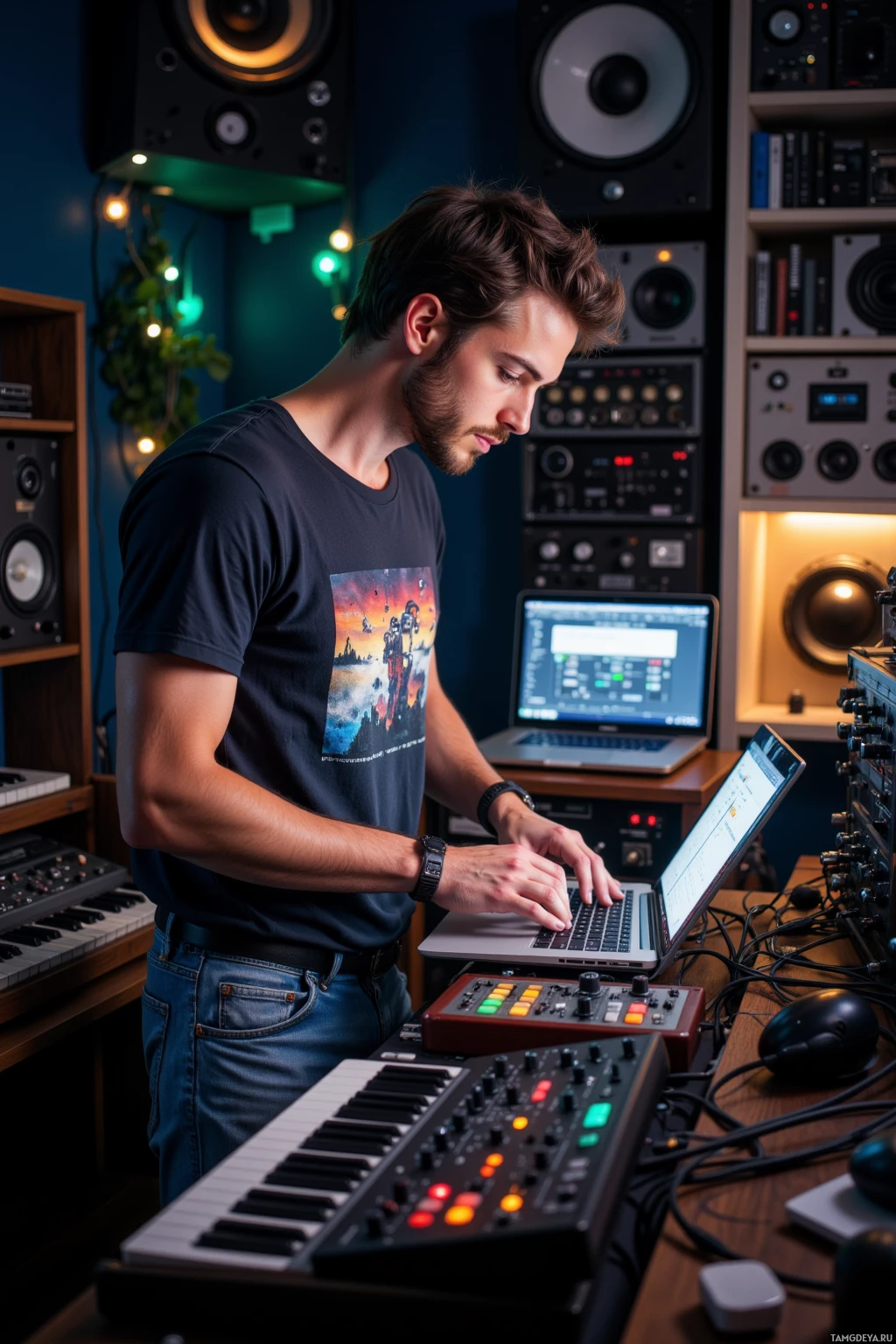 Realistic high quality photo. A 27‑year‑old man with tousled dark brown hair and green eyes, in a casual graphic t‑shirt and jeans, standing in a dim late‑night studio surrounded by a vintage analog synth, modular gear, a rack of effects units, a glowing laptop, and a mixing console, intensely layering granular samples on the laptop while manipulating faders, his posture rigid and focused.