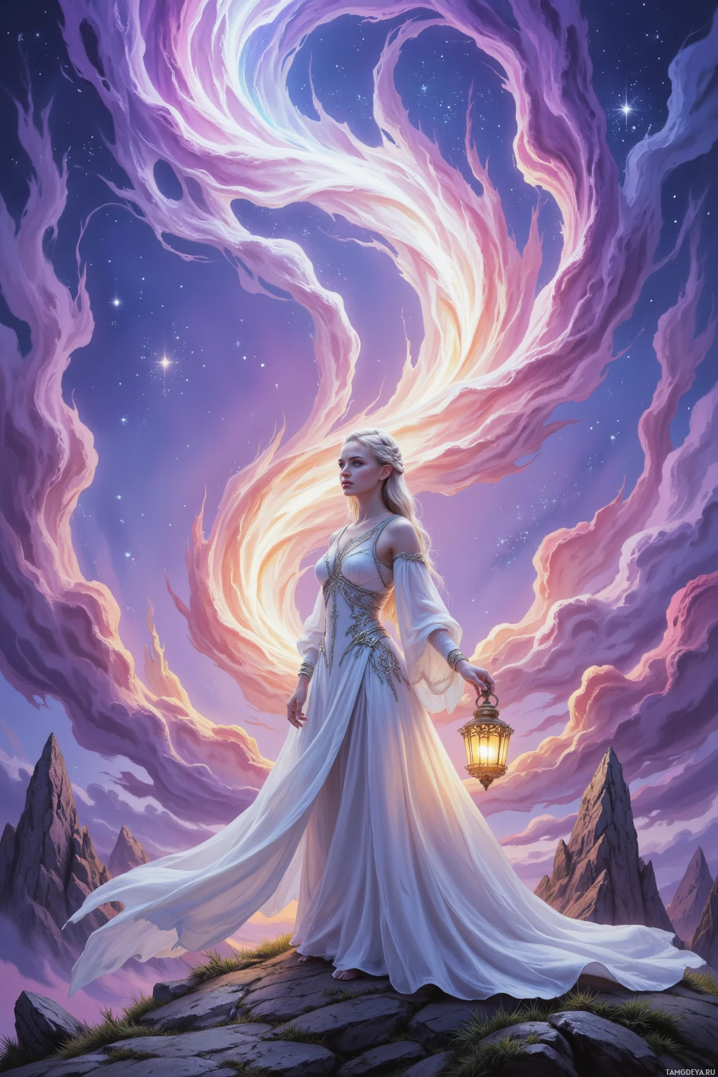 Realistic high quality photo. A 25‑year‑old woman with long silver‑blonde braided hair, clear blue eyes, porcelain‑white skin, wearing a flowing white gown embroidered with silver dragon patterns, stands on a hill at twilight under a violet fire sky, holding a glowing lantern, surrounded by banners of kingdoms, with a dragon’s breath swirling around her as she gazes toward a hopeful path.
