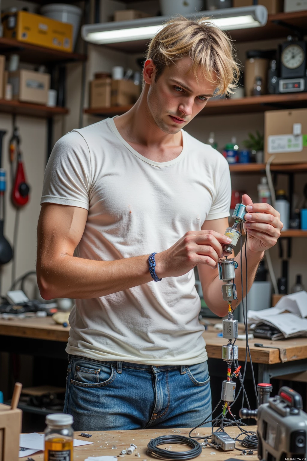 Realistic high quality photo. A 26‑year‑old man with messy blonde hair, bright blue eyes, fair skin, wearing a white T‑shirt and jeans, standing in a cluttered workshop under afternoon light, twisting and arranging discarded phone chargers into a kinetic sculpture with pieces visibly moving, surrounded by scattered cables, small tools, and a pile of unfinished prototypes.