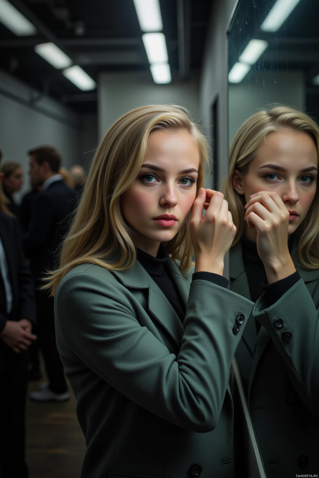 Realistic high quality photo. Female, 35, light blonde waves, cool blue eyes, alabaster skin, wearing a structured vintage coat, standing in a dimly lit backstage hallway with mirrored walls, tripping over her reflection as she applies eyeliner, poised with a hint of internal conflict, late evening.