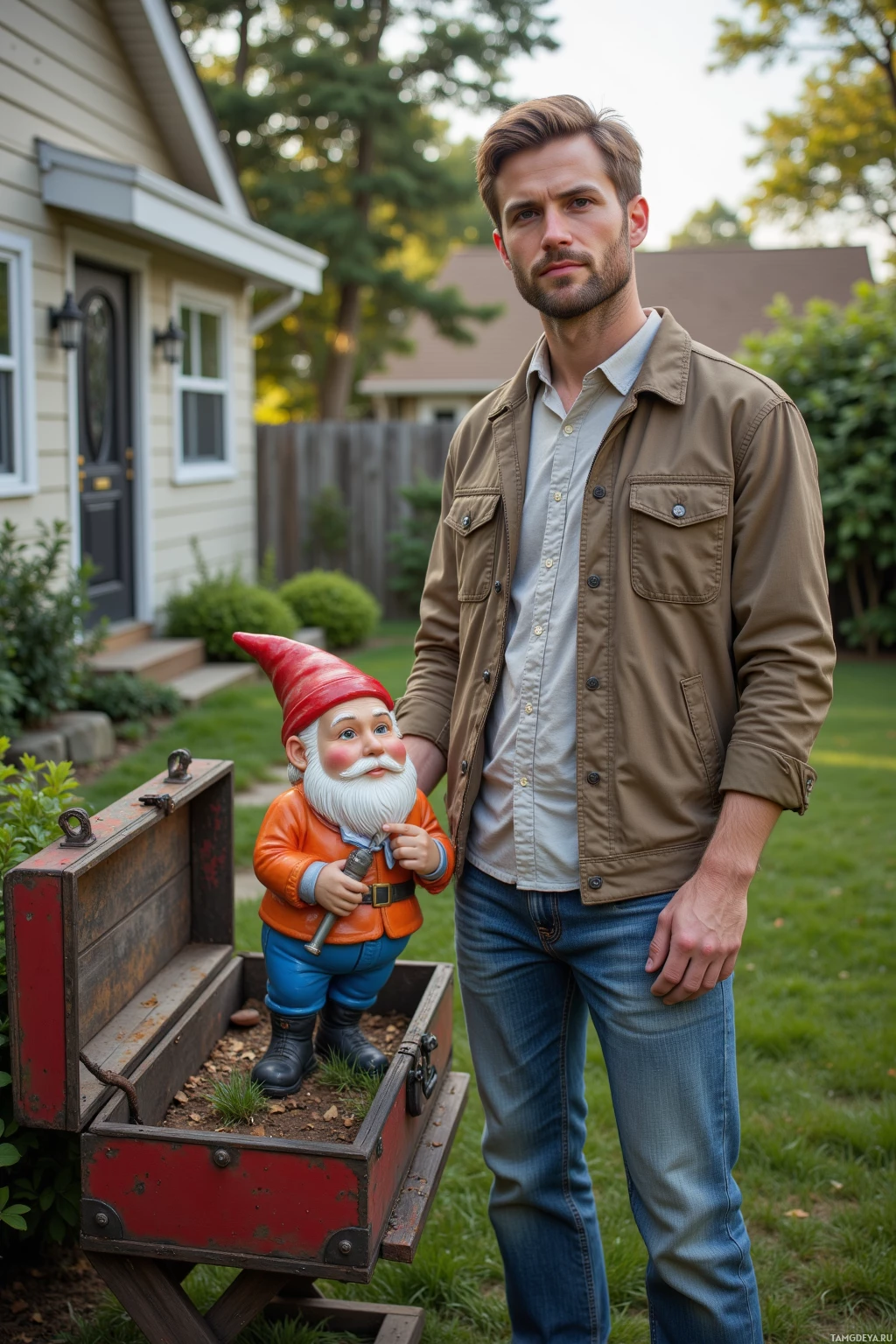 Realistic high quality photo. A 29‑year‑old man with short light brown hair, soft green eyes, fair skin, wearing a light shirt, jeans, and a casual jacket, calmly stands in a suburban backyard beside an old toolbox with a squeaky hinge, gently tapping a garden gnome.