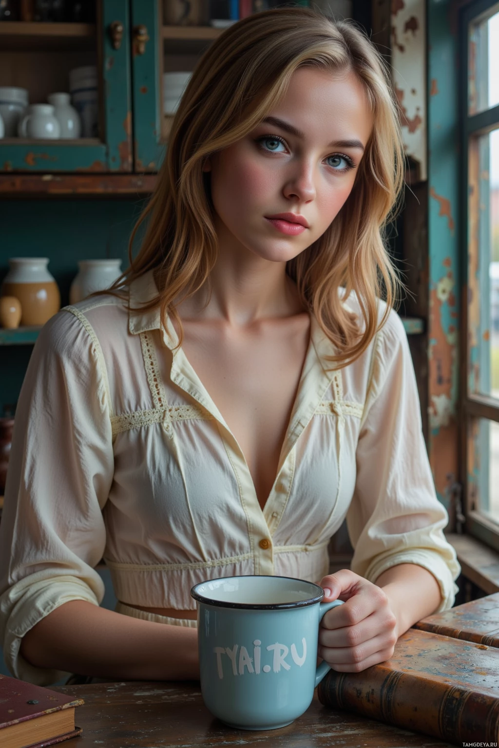 Realistic high quality photo. woman with medium blonde soft waves, pale skin, blue eyes, slender frame, wearing a faded lace blouse, sits in an old corner shop smelling of cedar and forgotten postcards, tracing the faint lines of a cracked blue enamel cup beside a rusted hinge and an old book with a worn spine, soft morning light filtering through dusty windows.