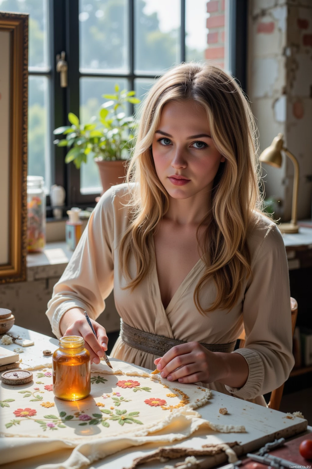 Женщина сидит за столом и вышивает.