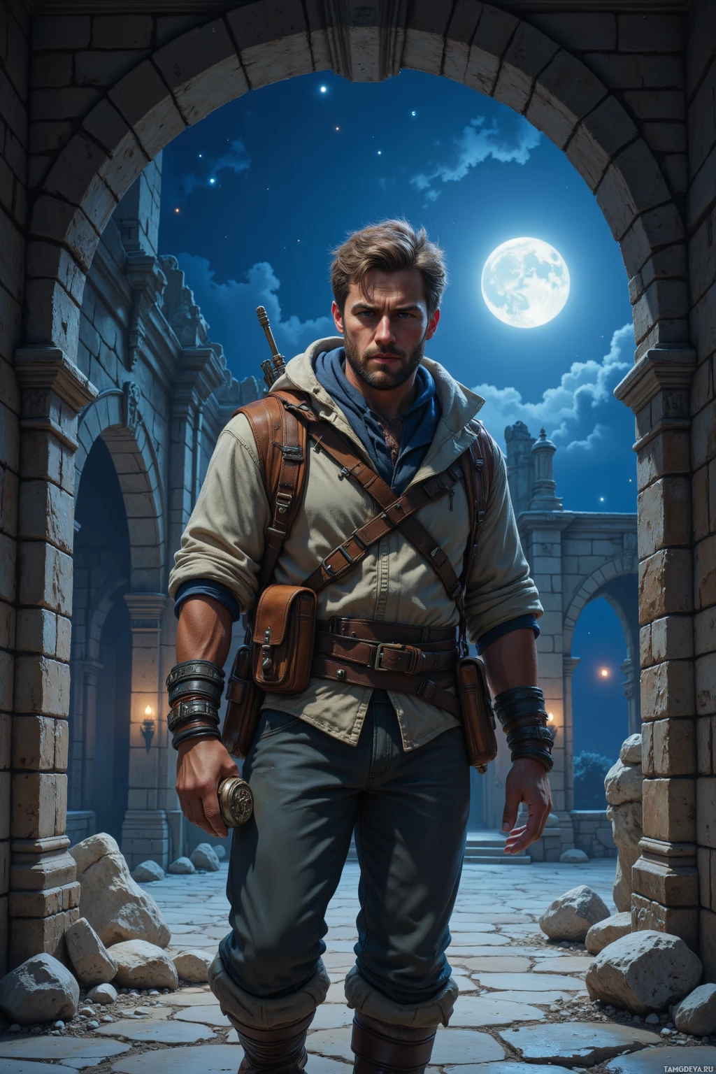 Realistic high quality photo. A lean 30‑year‑old man with short light brown hair and blue eyes, wearing rugged traveler’s clothes and carrying a worn leather satchel, walks beneath the stone arches of a ruined city at night, moonlight shimmering on weathered stone, holding a pocket sextant in his hand, his expression inquisitive yet skeptical.