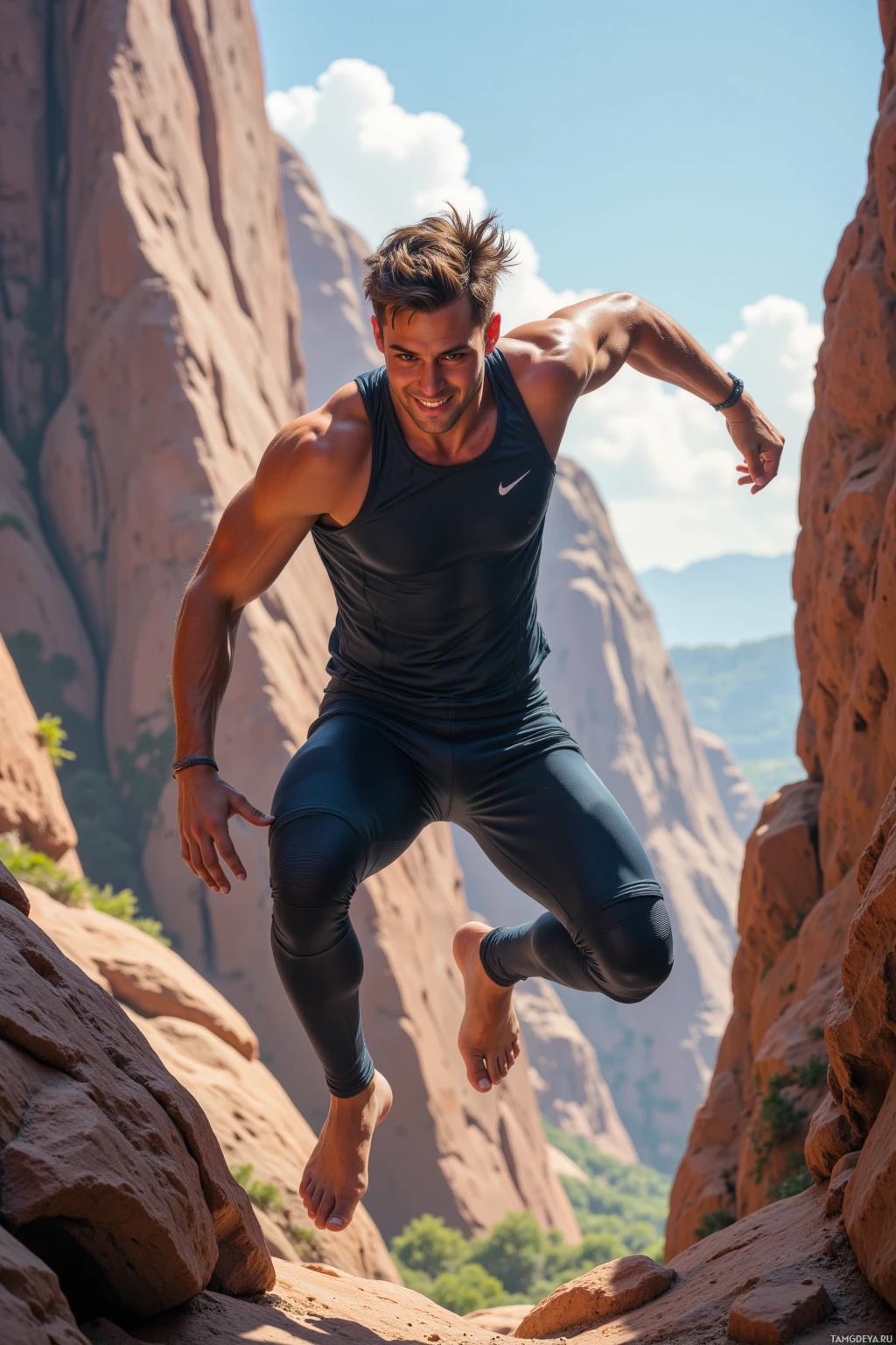 Realistic high quality photo. A 24‑year‑old male with short brown hair and piercing blue eyes, wearing fitted athletic gear, grinning confidently as he leaps over a rocky canyon ledge, wind whipping through his hair, canyon walls towering in the midday light, a modern adrenaline‑filled sports scene.