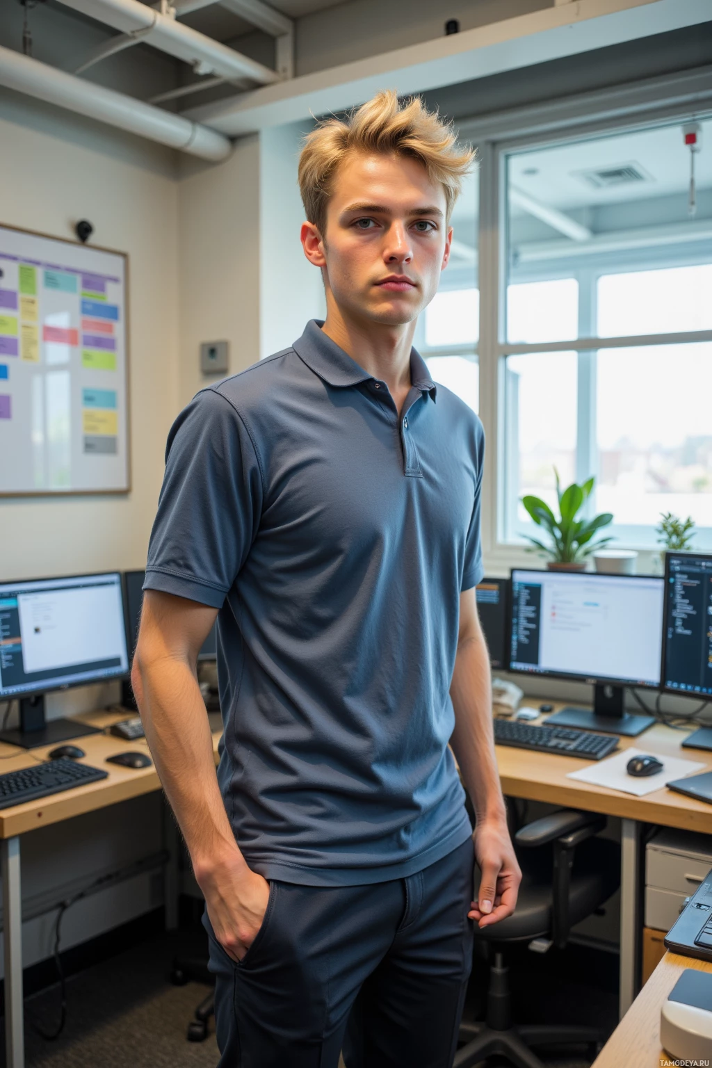 Человек стоит в офисе, одетый в синюю полосатую футболку и темные брюки, с руками в карманах.
