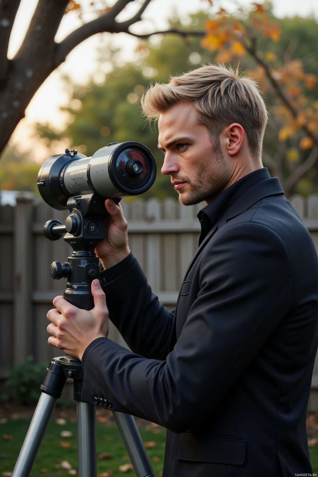 Realistic high quality photo. Tall 33‑year‑old male, short blonde hair, pale skin, blue eyes, dark minimalist suit, methodical stance calibrating a telescope with a laser pointer and ruler in a quiet backyard at dawn, trees with leaves rustling around, modern realism.