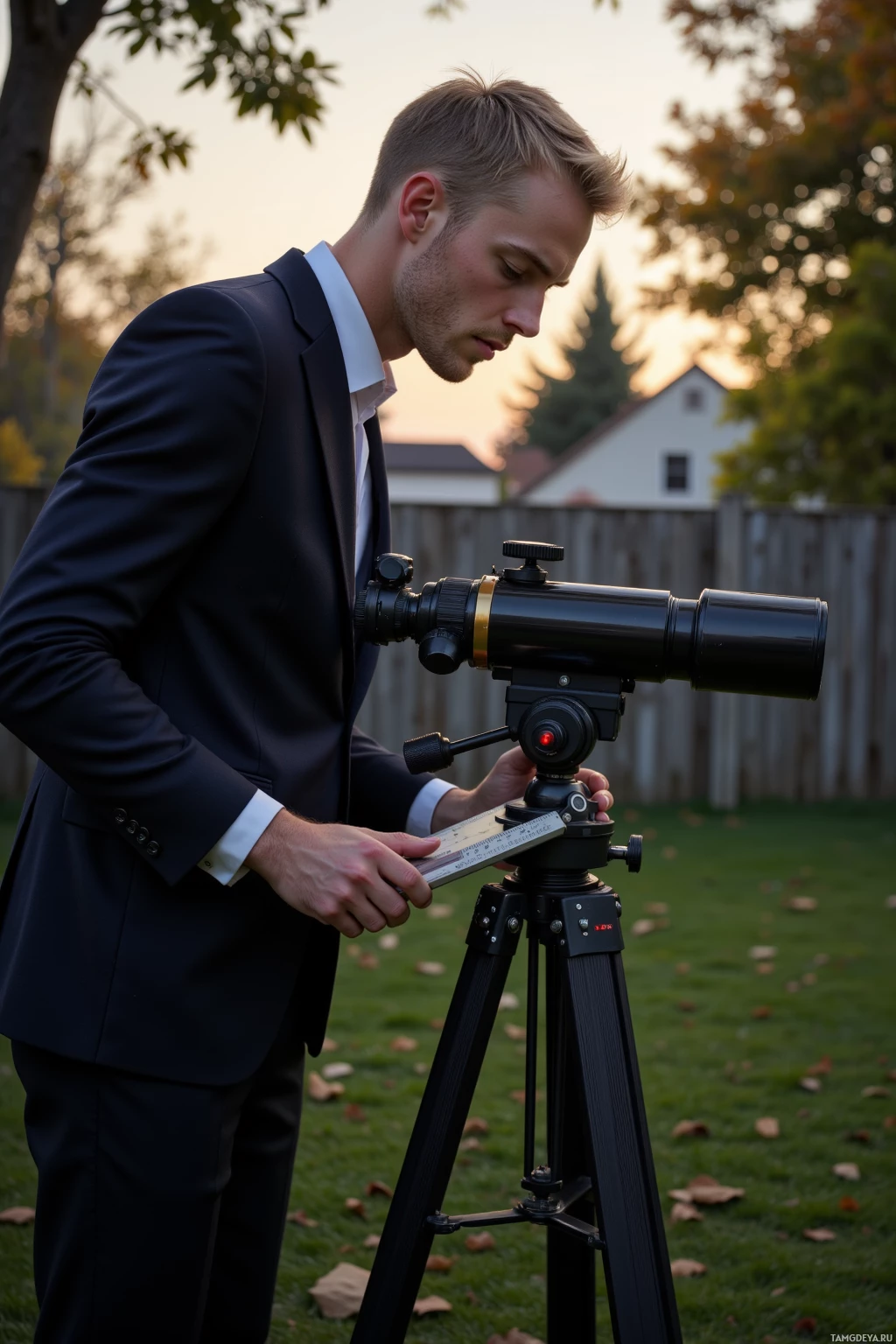 Realistic high quality photo. Tall 33‑year‑old male, short blonde hair, pale skin, blue eyes, dark minimalist suit, methodical stance calibrating a telescope with a laser pointer and ruler in a quiet backyard at dawn, trees with leaves rustling around, modern realism.