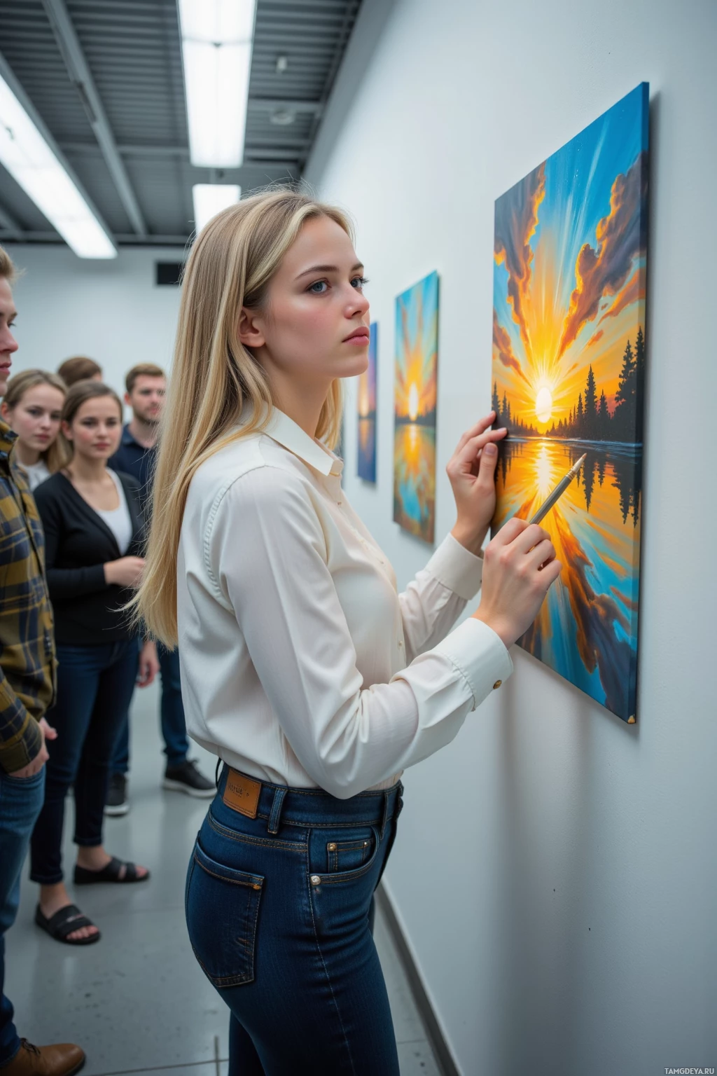 Realistic high quality photo. A 24‑year‑old woman with long blonde hair, bright blue eyes, wearing a crisp white blouse and dark jeans, sketches a shaky gold and blue sunrise in a fluorescent‑lit studio hallway covered in unfinished sketch lines that glow like a billboard, while casually dressed strangers laugh in the background, her expression a blend of frustration and hopeful curiosity.