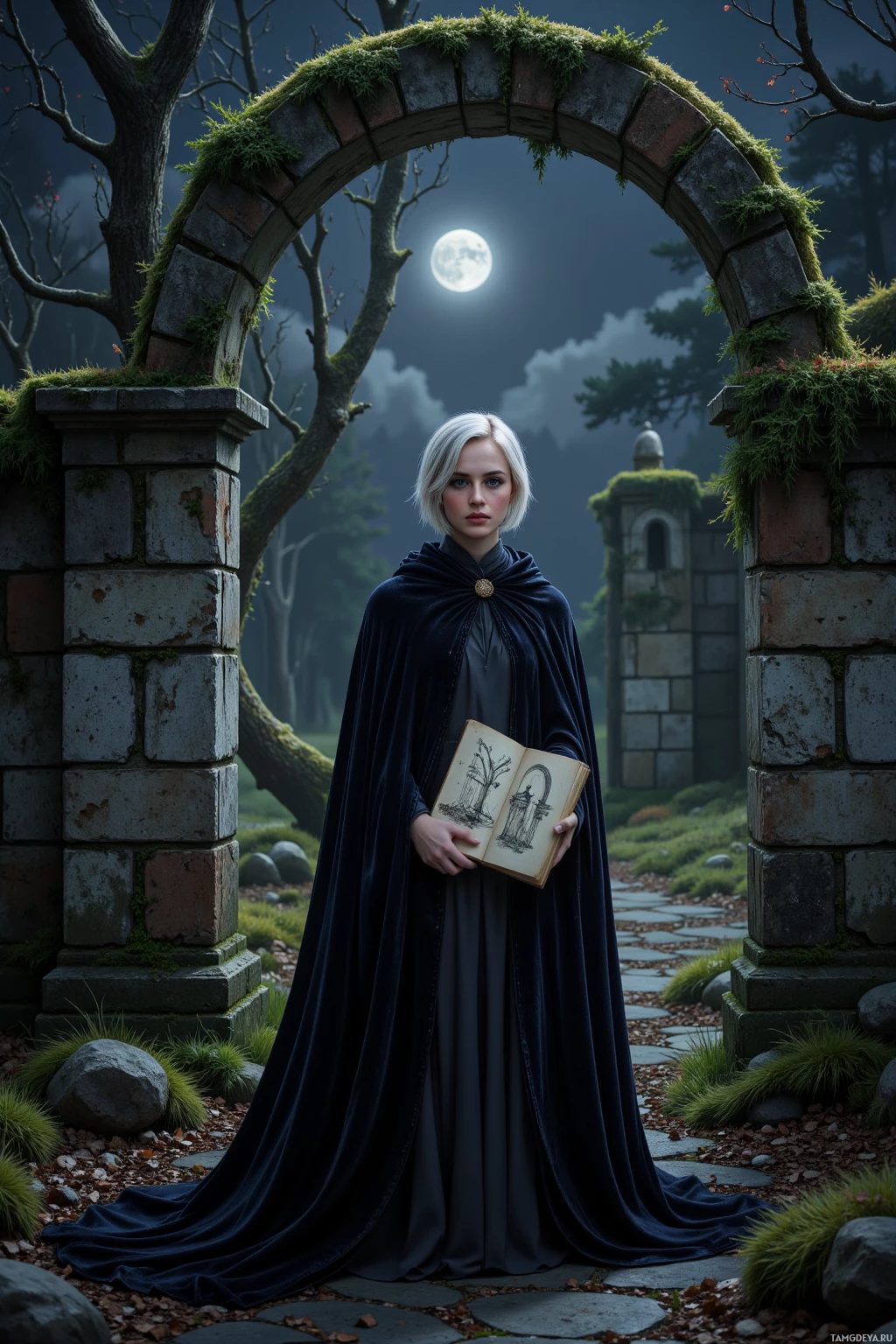 Realistic high quality photo. A silver‑blonde woman, 28, with asymmetrical short hair, indigo eyes and porcelain skin glowing under moonlight, in a flowing black velvet cloak, stands beside a moss‑covered archway among twisted birch trees at night, holding a weathered notebook with a sketch of a broken fountain, surrounded by shadowy ruins in a gothic forest.