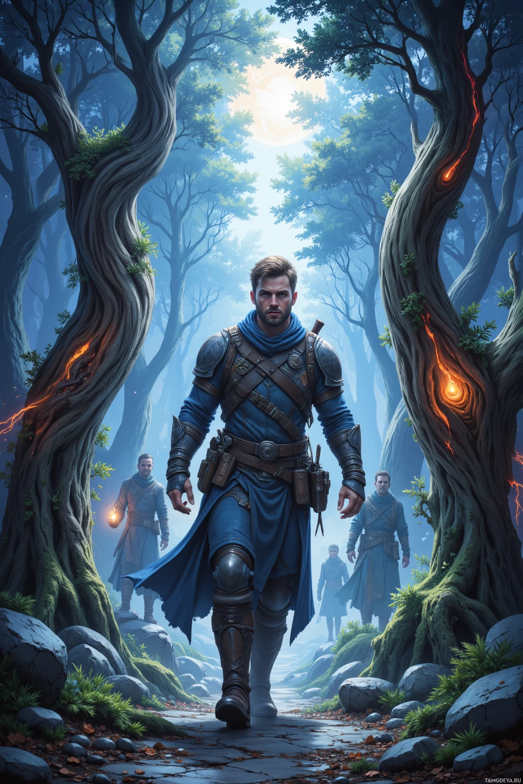 Realistic high quality photo. A 25‑year‑old male explorer with short light brown hair, bright blue eyes, rugged angular face, wearing durable leather armor, sturdy boots and a utility belt, leads a handful of wanderers through a moonlit grove of silver mist in the Dreamwood, past glowing vines, a shimmering river, to a breathtaking twilight vista.