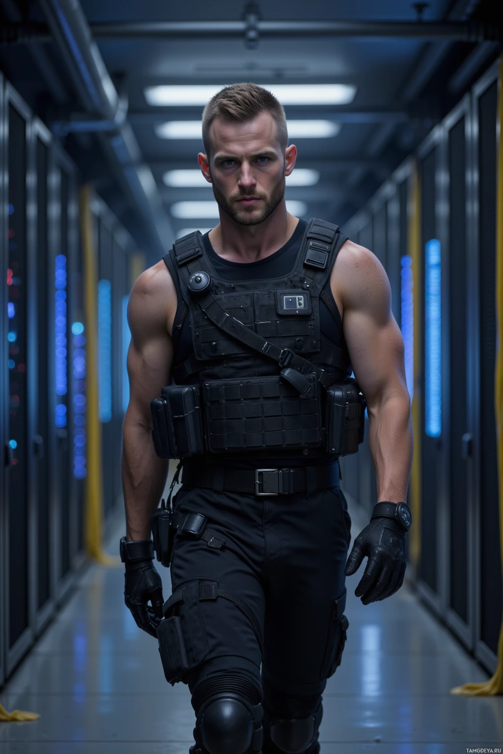 A muscular man in tactical gear walks through a dimly lit corridor.