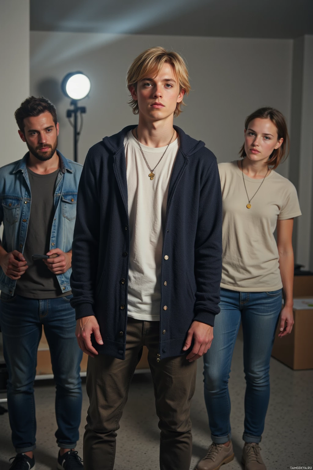 В комнате стоят трое людей, одетых в повседневную одежду: один на переднем плане, двое – на заднем.