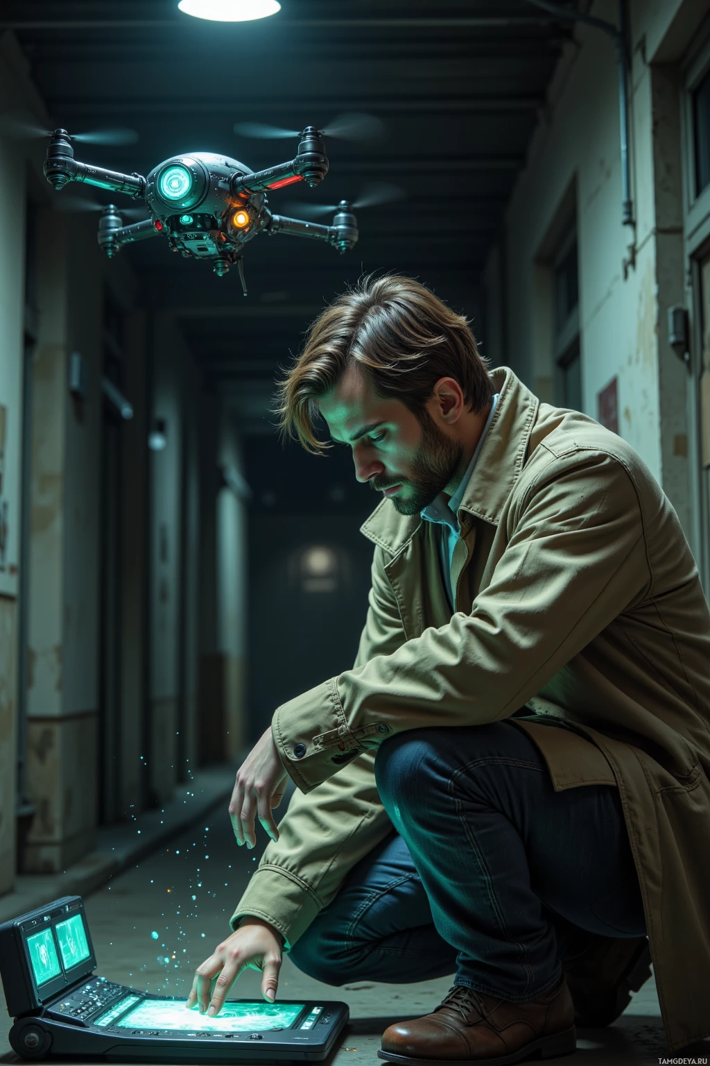 Мужчина присел в полумрачном коридоре, взаимодействуя с футуристическим устройством, лежащим на полу.